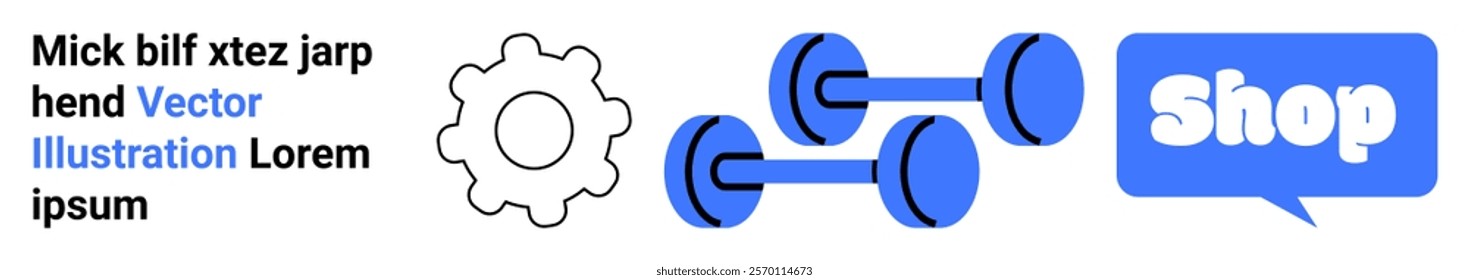 Gear wheel, blue dumbbells, and a blue speech bubble with the word Shop. Ideal for technology, sports equipment, e-commerce, fitness, and online shopping. Banner for landing page