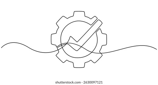 Gear wheel with check mark continuous one line drawing. Moving linear cog gear. Approved sign. Vector illustration isolated on white, A gear with a check mark on it. The check mark is a symbol.