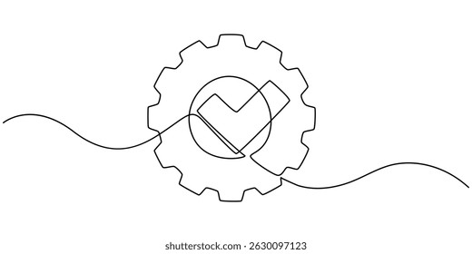 Gear wheel with check mark continuous one line drawing. Moving linear cog gear. Approved sign. Vector illustration isolated on white, A gear with a check mark on it. The check mark is a symbol.