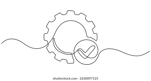 Gear wheel with check mark continuous one line drawing. Moving linear cog gear. Approved sign. Vector illustration isolated on white, A gear with a check mark on it. The check mark is a symbol.