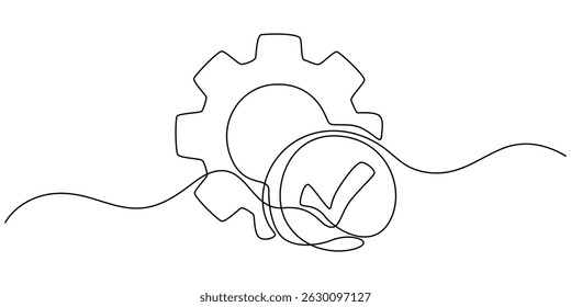 Gear wheel with check mark continuous one line drawing. Moving linear cog gear. Approved sign. Vector illustration isolated on white, A gear with a check mark on it. The check mark is a symbol.