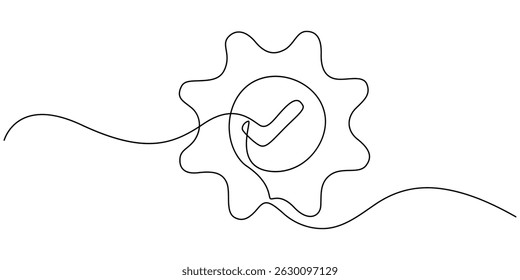 Gear wheel with check mark continuous one line drawing. Moving linear cog gear. Approved sign. Vector illustration isolated on white, A gear with a check mark on it. The check mark is a symbol.