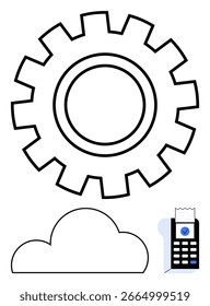 Rueda dentada, nube y terminal de pago con marca de verificación que denota una transacción exitosa. Ideal para tecnología, cloud computing, finanzas, automatización, pagos digitales e-commerce fintech. Línea