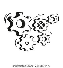 Gear wheel and cog wheel mechanism cartoon icon. Business concept innovation and movement. Vector illustration doodle style.
