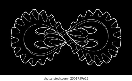 Rueda de engranaje curvada como signo del infinito. Industrial de tecnología e ingeniería de máquinas. Ilustración vectorial de diseño de tatuaje con contornos editables aislados sobre fondo blanco.