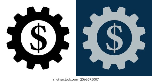 Gear wheel with dollar sign inside it. Banking, finance and business. Engineering price icon. Business development and support