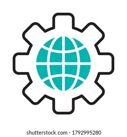rueda de engranaje con icono de esfera global sobre fondo blanco, medio color estilo, ilustración vectorial