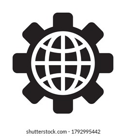 gear wheel with global sphere icon over white background, silhouette style, vector illustration