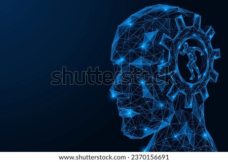 A gear wheel in the head. A running man inside the circle of the mechanism. Low-poly design of lines and dots. Blue background.