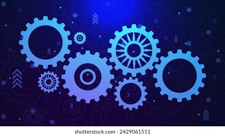 Rueda de engranajes con hexágonos y líneas de puntos de conexión. Telecomunicaciones digitales, tecnología de alta tecnología y concepto de ingeniería sobre fondo azul oscuro futurista. Ilustración vectorial.