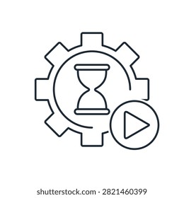 Gear wheel with hourglass and play button concept representing repeating, resuming, or reproducing a workflow, operation, or automated task.