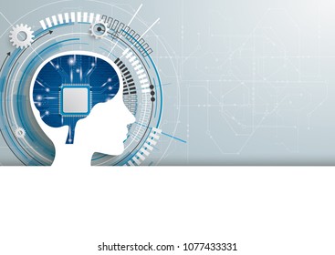 Gear wheel and human head with microchip in the brain. Eps 10 vector file.