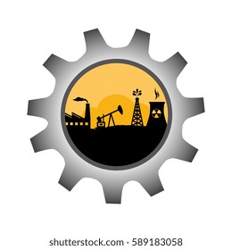 gear wheel icon border with background silhouette oil extraction machine with factory radioactive materials