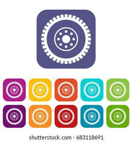 Gear wheel icons set vector illustration in flat style in colors red, blue, green, and other