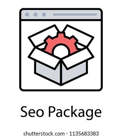 
A gear wheel inside cardboard box on website symbolising seo services package 
