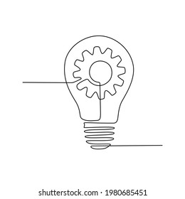 Gear wheel inside Light bulb in continuous Line drawing for logo, emblem, web banner, presentation, card and landing page. Concept of New idea and Creative innovation. Vector illustration