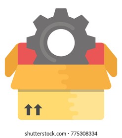 A gear wheel inside open cardboard box, a conceptual icon of seo package in flat style 