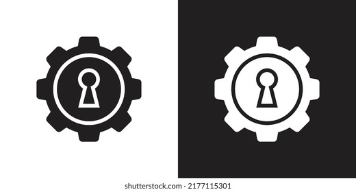 Combinación del logotipo de la rueda de los engranajes y el agujero de la cerradura, rueda cognitiva con símbolo de bloqueo, ilustración vectorial