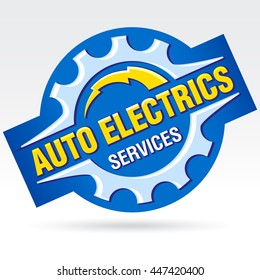 Gear wheel with lightning and an inscription - AUTO ELECTRICS SERVICES. Vector illustration.