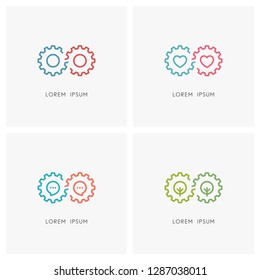 Gear wheel logo set. Pinion or toothing, heart, chat, tree and infinity symbol - industry and eternal engine, love and family, conversation and communication, ecology and environment vector icons.