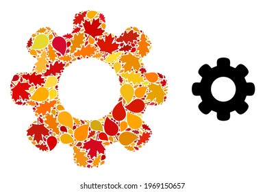 Gear Wheel mosaic icon designed for fall season. Vector gear wheel mosaic is designed of scattered fall maple and oak leaves. Mosaic autumn leaves in bright gold, brown and red colors.