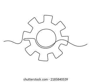 Gear wheel in motion symbol technology, continuous one line drawing. Moving cog gear mechanism for business work concept. Contour single outline. Vector illustration