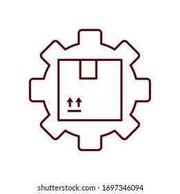 gear wheel with package box icon over white background, line style, vector illustration