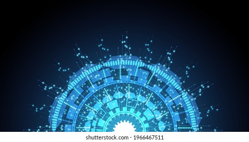 Patrón de la rueda de engranajes en el circuito de polvo, línea de luz electrónica en el fondo.EP-12.Ilustración vectorial del concepto de comunicación de alta tecnología