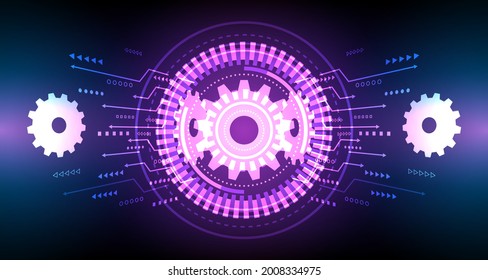 Patrón de la rueda del engranaje en el circuito de polvo, línea de luz electrónica en el fondo.EP-22.Vector de fondo del concepto de comunicación de alta tecnología 