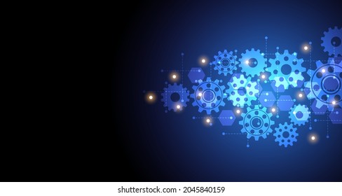 Patrón de la rueda del engranaje en el circuito de polvo, línea de luz electrónica en el fondo.EP-25.Vector de fondo del concepto de comunicación de alta tecnología