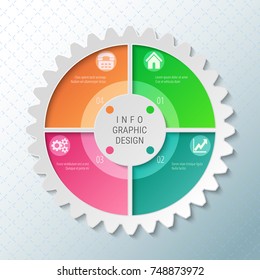 Gear wheel pie chart with 4 spokes. Flowchart with options for presentations, advertising, process steps, websites