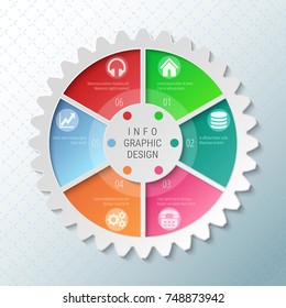 Gear wheel pie chart with 6 spokes. Flowchart with options for presentations, advertising, process steps, websites