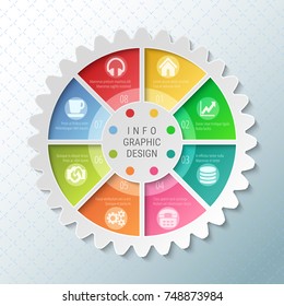 Gear wheel pie chart with 8 spokes. Flowchart with options for presentations, advertising, process steps, websites