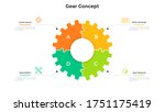 Gear wheel pie chart divided into 4 colorful jigsaw puzzle pieces. Concept of four stages of production process. Simple infographic design template. Modern flat vector illustration for presentation.