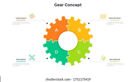 Gear Wheel Pie Chart Divided Into 4 Colorful Jigsaw Puzzle Pieces. Concept Of Four Stages Of Production Process. Simple Infographic Design Template. Modern Flat Vector Illustration For Presentation.