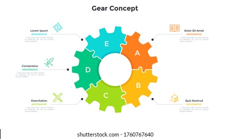 Gear wheel pie chart divided into 5 colorful jigsaw puzzle pieces. Concept of five stages of production process. Simple infographic design template. Modern flat vector illustration for presentation.