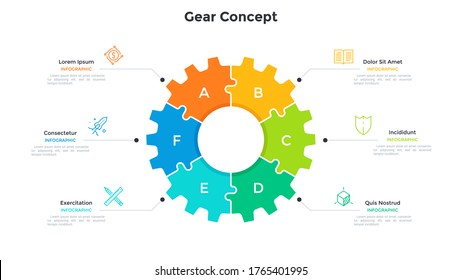 Gear Wheel Pie Chart Divided Into 6 Colorful Jigsaw Puzzle Pieces. Concept Of Six Stages Of Production Process. Simple Infographic Design Template. Modern Flat Vector Illustration For Presentation.