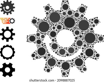 Mosaiksymbol des Zahnradwechsels. Vektormosaik besteht aus zufälligen Coronavirus-Elementen. Viral Mosaic Getriebe Radrotation Symbol und zusätzliche Symbole.