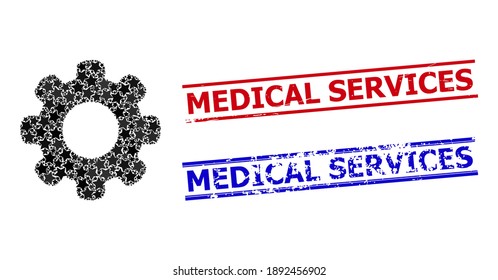 Gear wheel star pattern and grunge Medical Services stamps. Red and blue stamps with grunge style and Medical Services text. Abstract gear wheel concept is done from scattered flat star icons.
