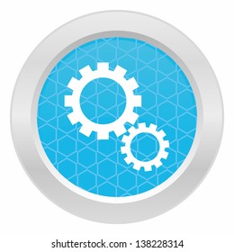 Gear wheel symbol - Blue button with metallic frame on white background