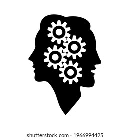 Gear wheel symbol in the head of a thinking silhouette woman and man. Mental health design template. Vector clipart and drawing. Black and white isolated illustration.