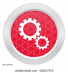 Gear wheel symbol - Red button with metallic frame on white background