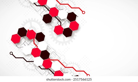 Gear wheel technology background with hexagons. Hand drawn vector.