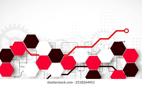 Fondo de tecnología de rueda dentada con hexágonos. Vector dibujado a mano.
