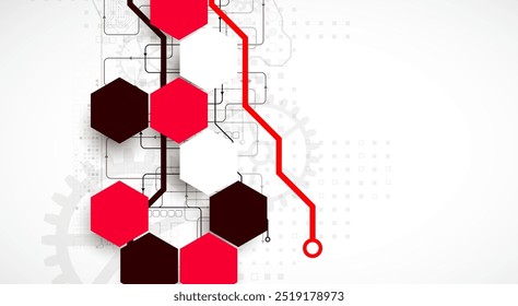 Gear wheel technology background with hexagons. Hand drawn vector.
