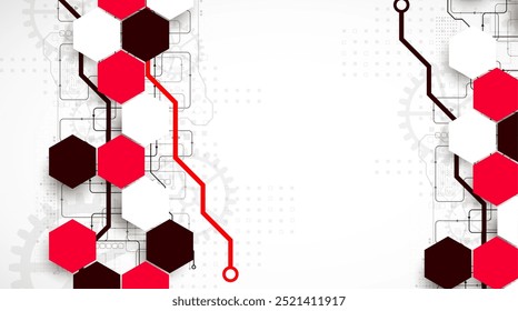 Gear wheel technology background with hexagons. Hand drawn vector.