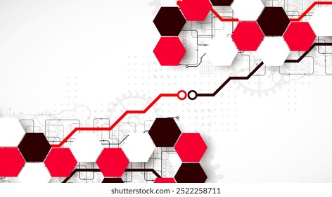 Gear wheel technology background with hexagons. Hand drawn vector.