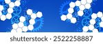 Gear wheel technology pattern on blue gradient background with hexagons. Hand drawn vector.
