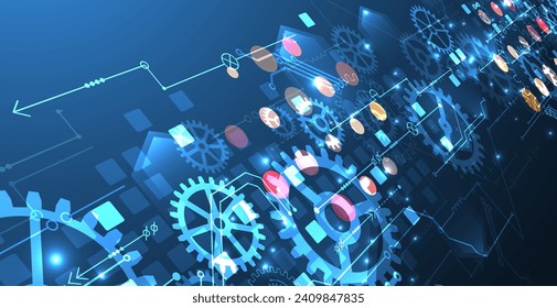 Gear wheel technology pattern on blue gradient background. Hand drawn vector.