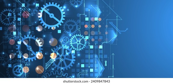 Gear wheel technology pattern on blue gradient background. Hand drawn vector.